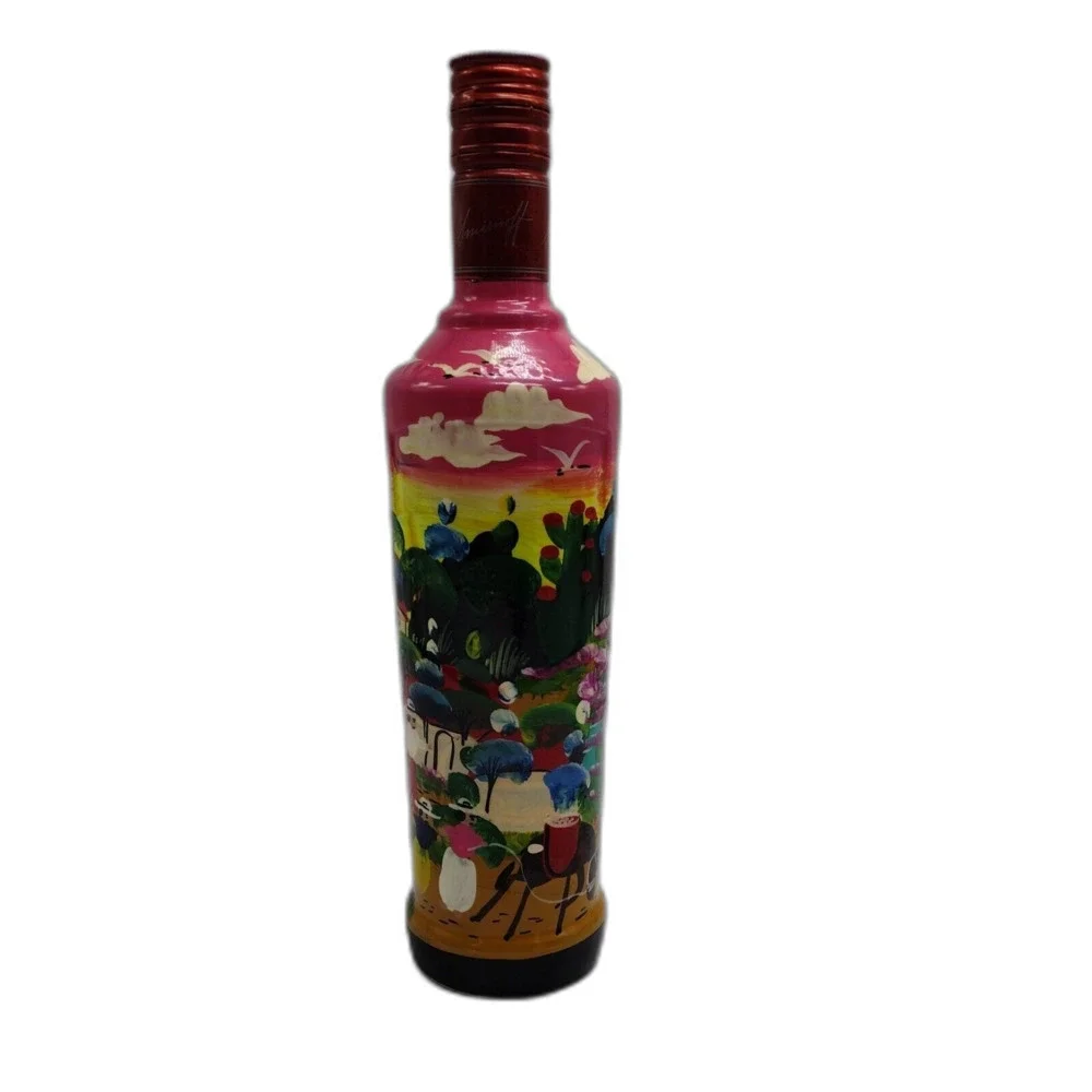 Hand painted Smirnoff Bottle Village Scene Mexican Folk Art Work Barware